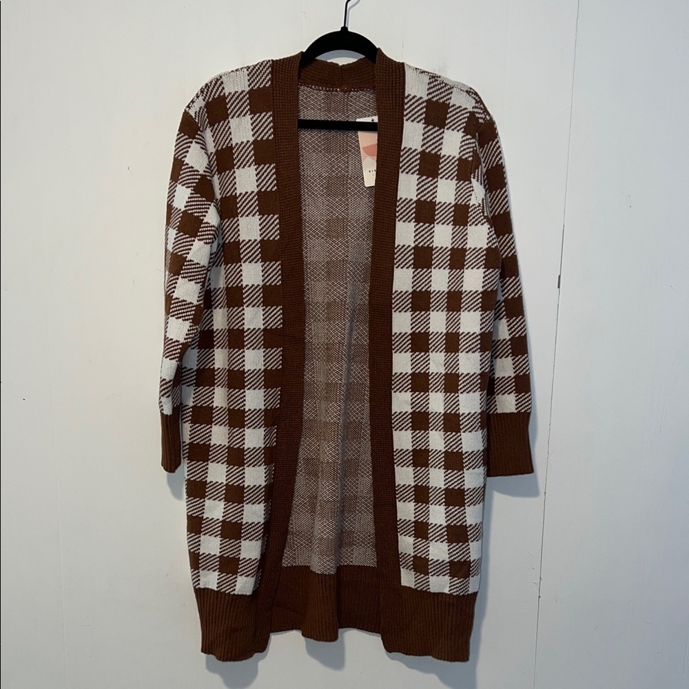 NWT Kirundi Brown and White Checkered Women's Open Cardigan Sweater HU